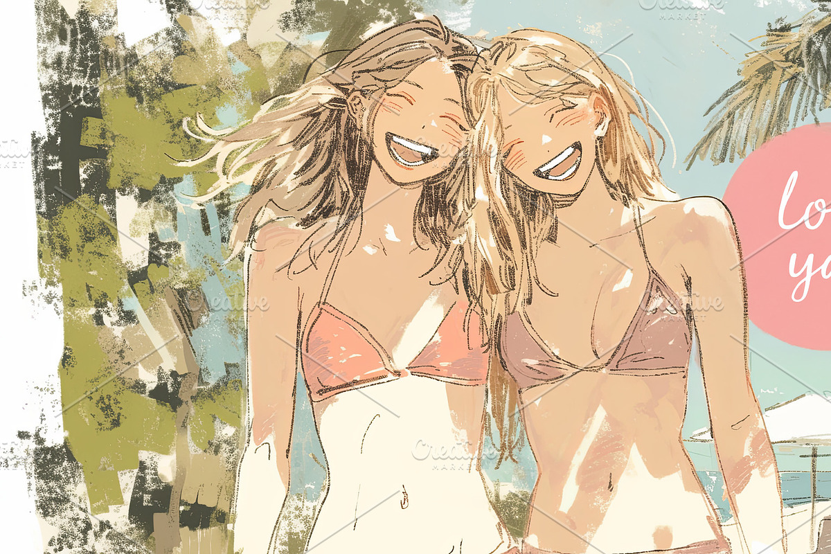 Two happy friends smiling in summer bikinis under blue skies, an Illustration by AS photostudio