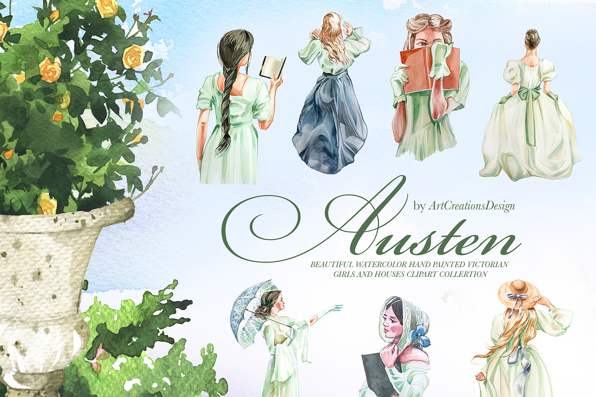 Watercolor Austen Clipart Set, a Person Illustration by ArtCreationsDesign (Photo 5 of 22)