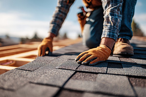 Skilled worker installs new shingles on rooftop during bright day in residentia, an Industrial Photo by AlyaAnd