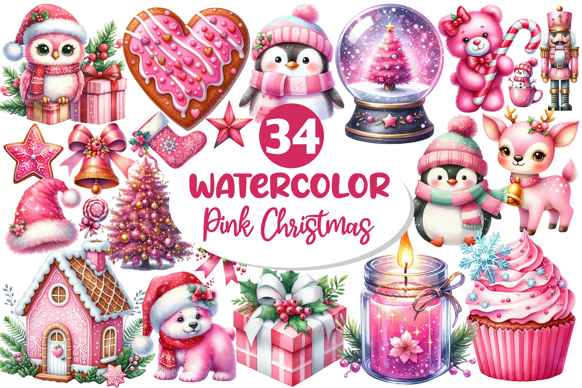 Pink Sweet Cute Christmas Clipart, an Illustration by Dream Creation (Photo 1 of 7)