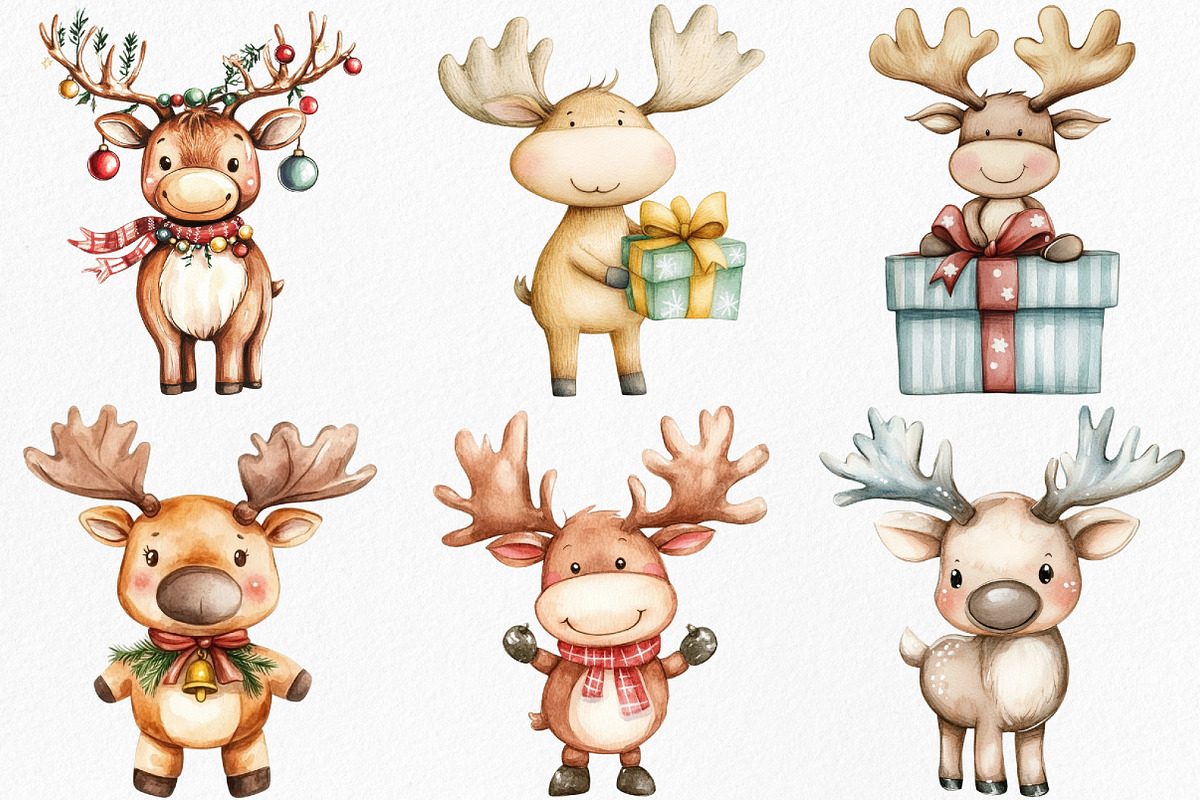 Kawaii Christmas Moose Clipart, an Illustration by Canvas Craft (Photo 3 of 7)