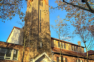 Saint Francois Assise church tower in Paris France at sunset, an Architecture Photo by GoodGoods