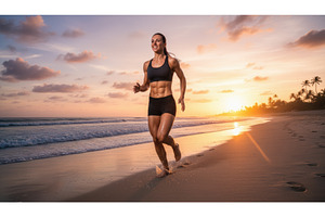 Fit woman running along the beach at, a Sports & Recreation Photo by Igor Tichonow