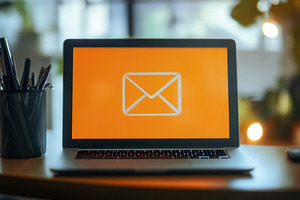 Laptop displays vibrant mail icon, a Photo by Pavel_design