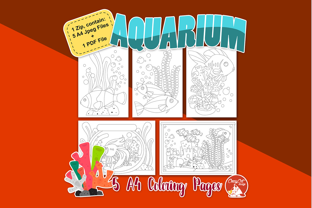 Aquarium Coloring Pages, an Education Illustration by Cozy Cat Design (Photo 1 of 7)