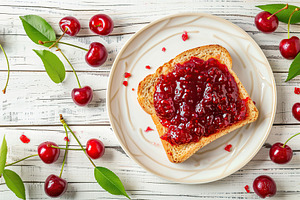 Toast breads with sweet cherry jam on wooden table, a Food & Drink Photo by AlyaAnd