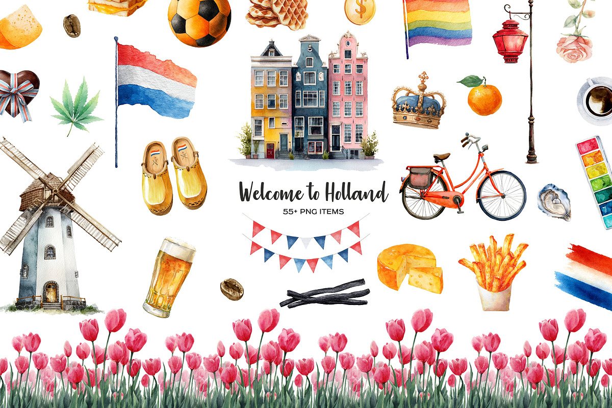 Watercolor Holland symbols clipart, an Object Illustration by Art and Funny (Photo 1 of 6)
