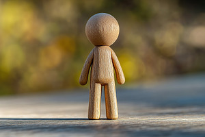 A wooden human figure with rounded features poses upright on a rough surface, b, a Beauty & Fashion Photo by AlyaAnd