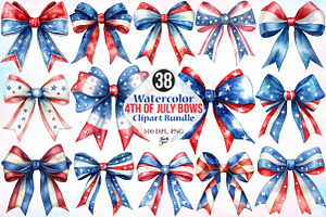 Watercolor 4th of July Bows Clipart, a Seasonal Illustration by Canvas Craft