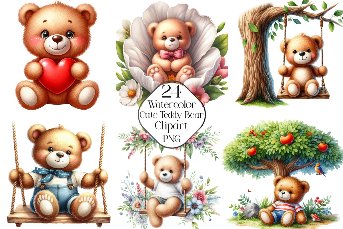 Watercolor Funny Teddy Bear Clipart, an Illustration by CraftArtStudio (Photo 1 of 5)