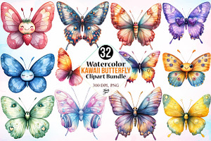 Watercolor Kawaii Butterfly Clipart, an Animal Illustration by Canvas Craft
