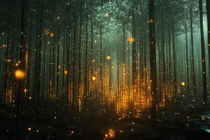 A mystical forest scene with tall trees shrouded in mist. Glowing golden orbs o, a Photo by Textures & Backgrounds