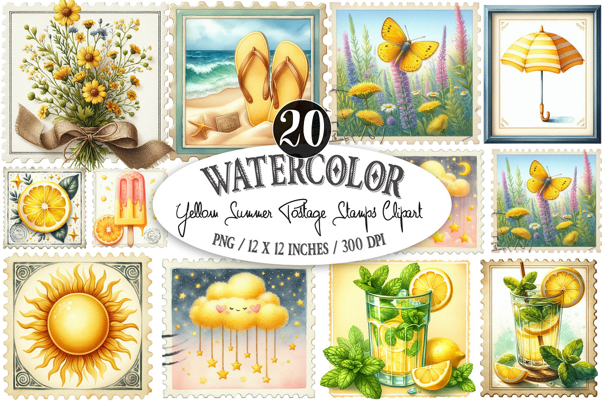 Yellow Summer Postage Stamps Clipart, an Illustration by Designking (Photo 1 of 4)