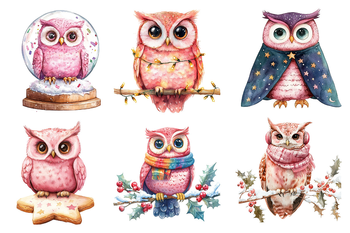 Christmas Owl Watercolor Clipart, an Illustration by Dream Creation (Photo 3 of 8)