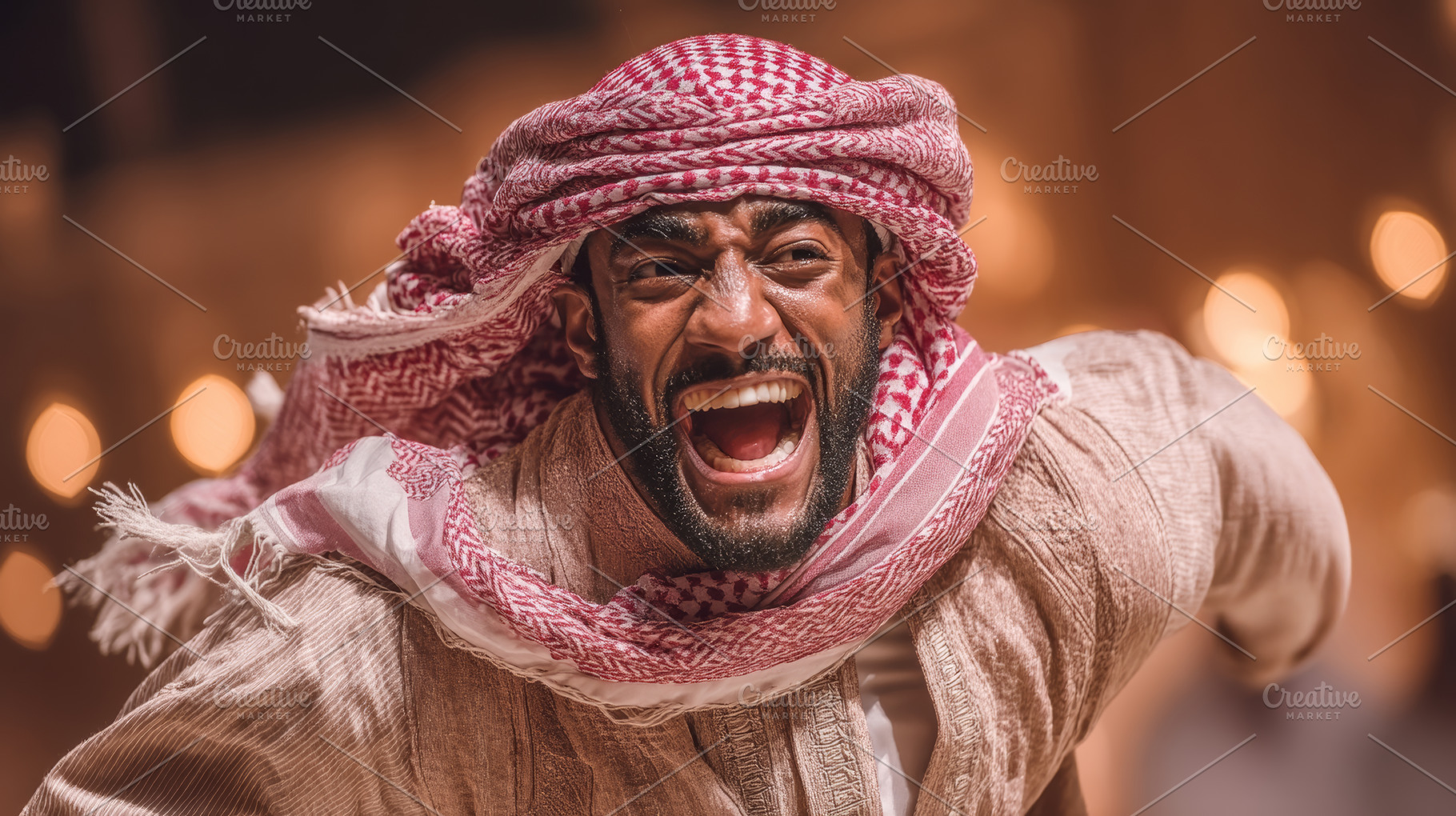 Expressive arabian man feeling euphoric while expressing joy in a vibrant setti, a Person Photo by AS photostudio