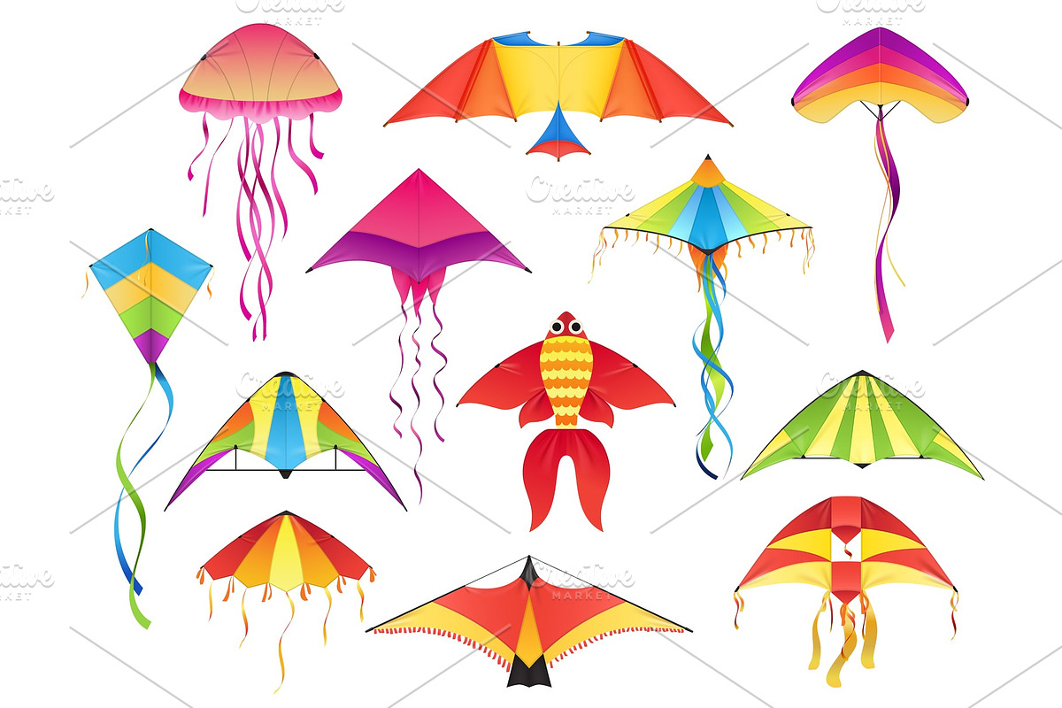 Flying paper kites, icons, an Illustration by Vector Tradition