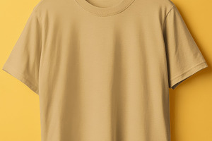 Beige T-shirt on Hanger Against Yellow Background, an Abstract Photo by Natalia Klenova's Shop