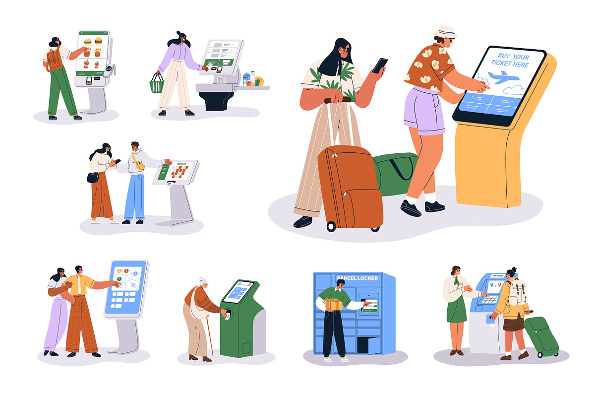 People use ordering kiosks set, a Technology Illustration by Good Studio (Photo 1 of 9)