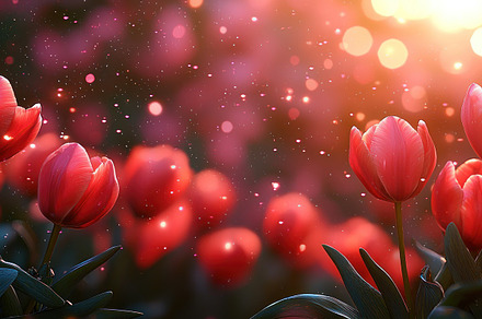 Red tulips glowing in golden sunset light with floating particle, a Nature Photo by José Manuel Gelpi