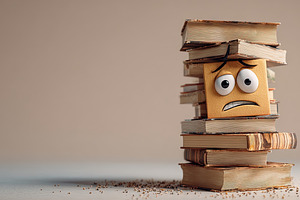 A worried cartoon book character trapped between piles of old bo, a Photo by Ales Munt