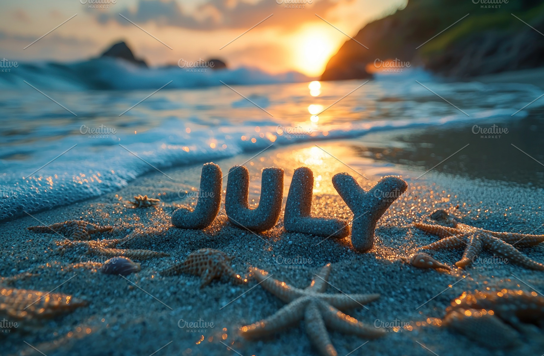 JULY spelled with textured sand letters on a beach at sunset w, a Nature Photo by José Manuel Gelpi