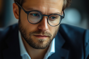 A focused accountant man in a suit reading a document, with stylish glasses and, a Person Photo by Textures & Backgrounds
