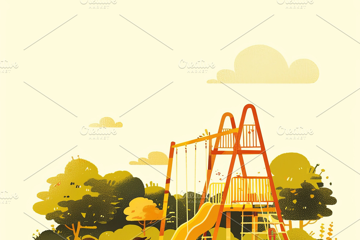 Illustration of two children playing near a colorful playground in a park, an Illustration by AS photostudio
