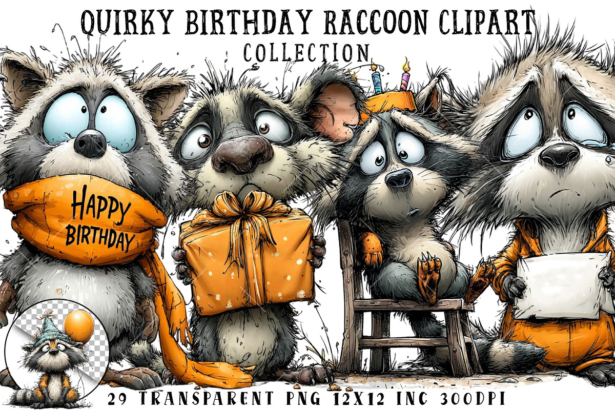 Quirky Birthday Raccoon Clipart, an Illustration by OK Design (Photo 1 of 6)