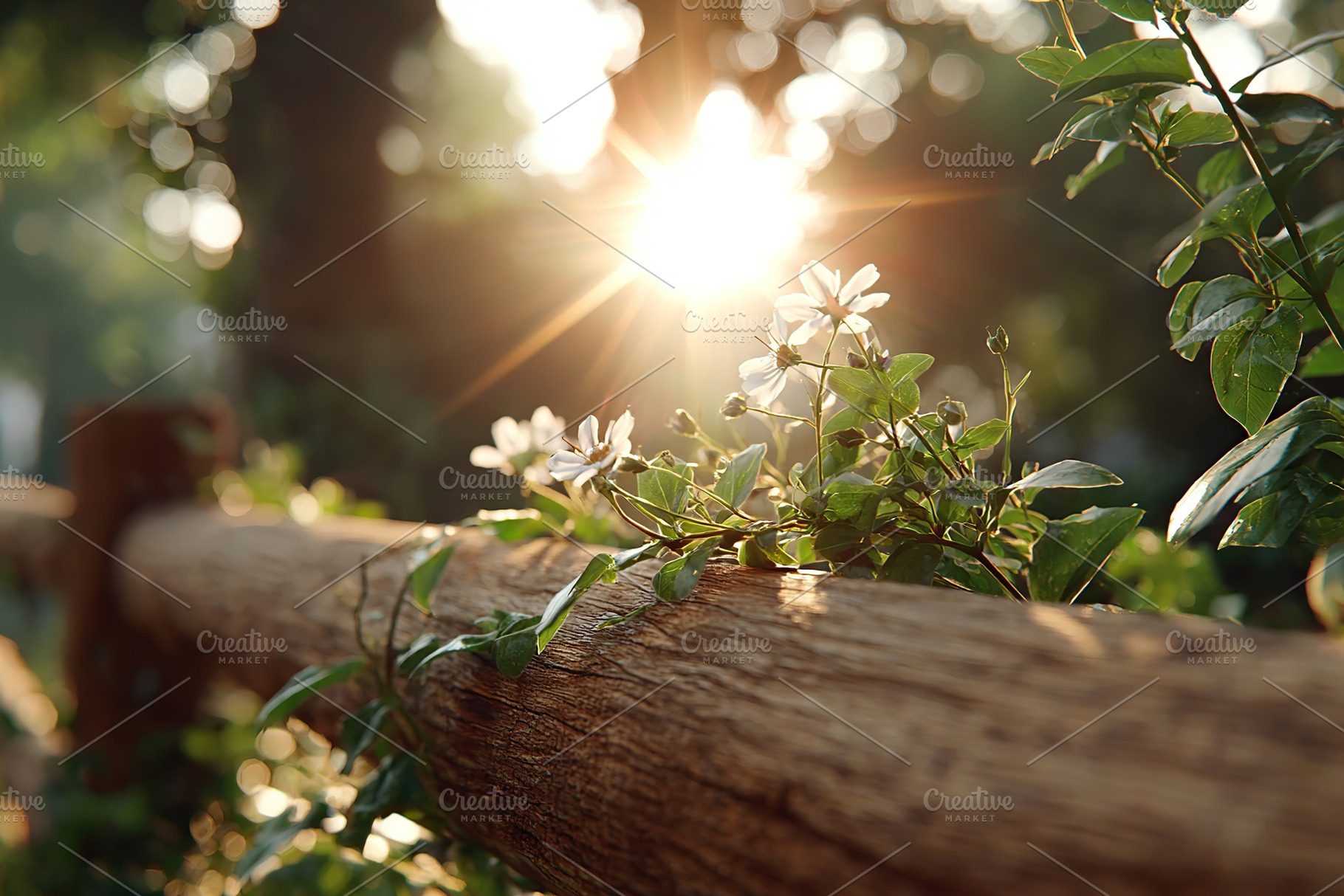 Sunlight filtering through a wooden fence covered in delicate vines and flowers, a Photo by AlyaAnd