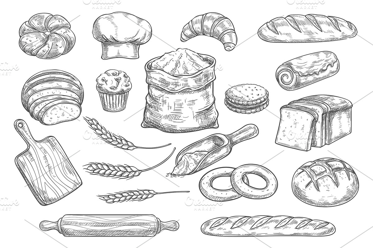 Bread and bun sketch of bakery and pastry food, a Food Illustration by ...