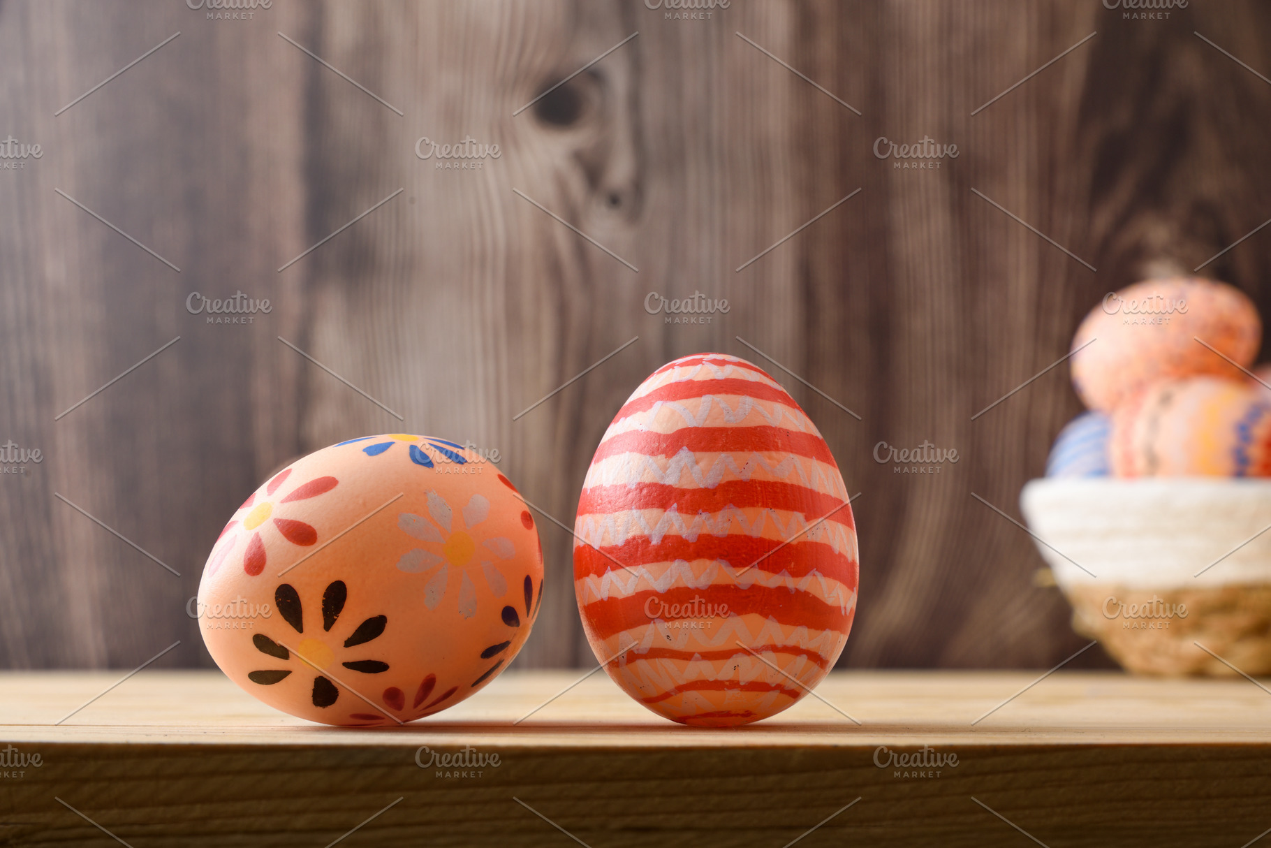 Two Decorative Easter Eggs on Wooden Shelf, a Holiday Photo by Davizro's Market