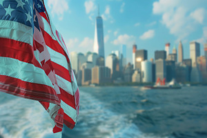 American flag waving on Manhattan background, a Photo by AlyaAnd
