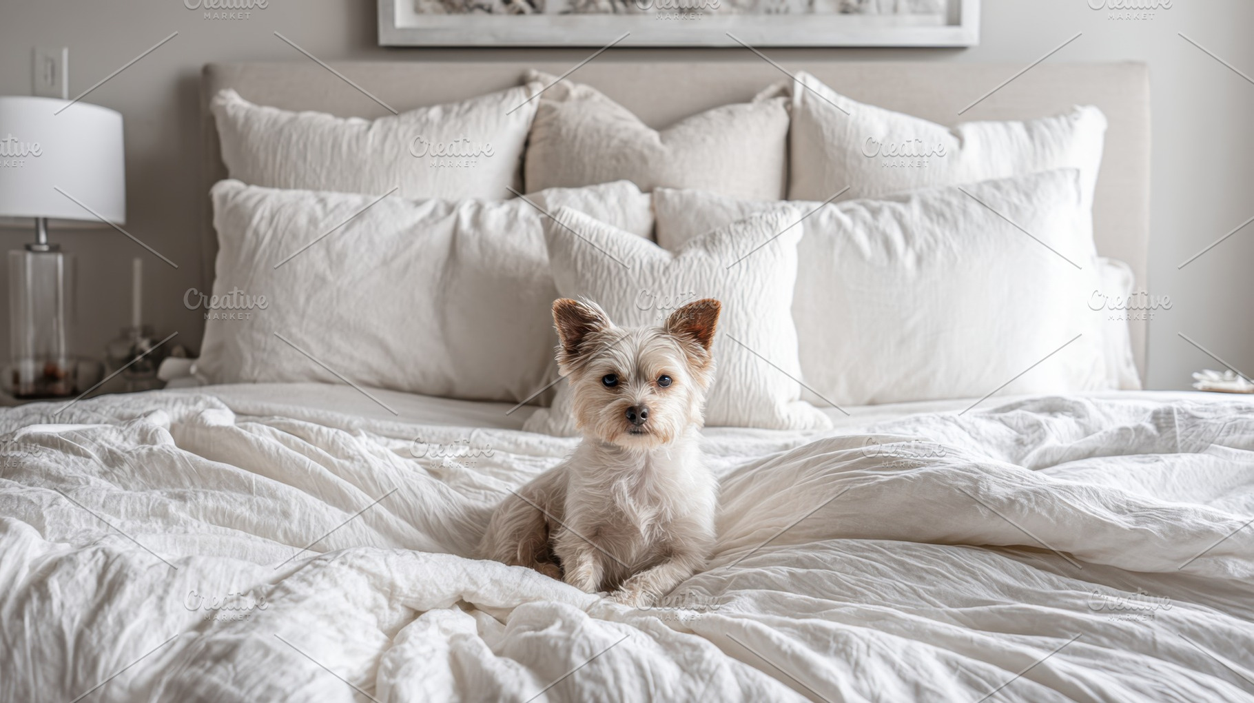 Dog on bed with white sheets, a Photo by Beautiful things
