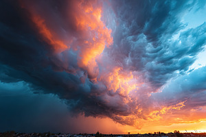 Captivating sunset with vibrant clouds over a tranquil landscape in the evening, a Background Photo by AlyaAnd