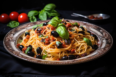 Spaghetti bolognese with olives, tom, a Photo by Iftikhar Alam