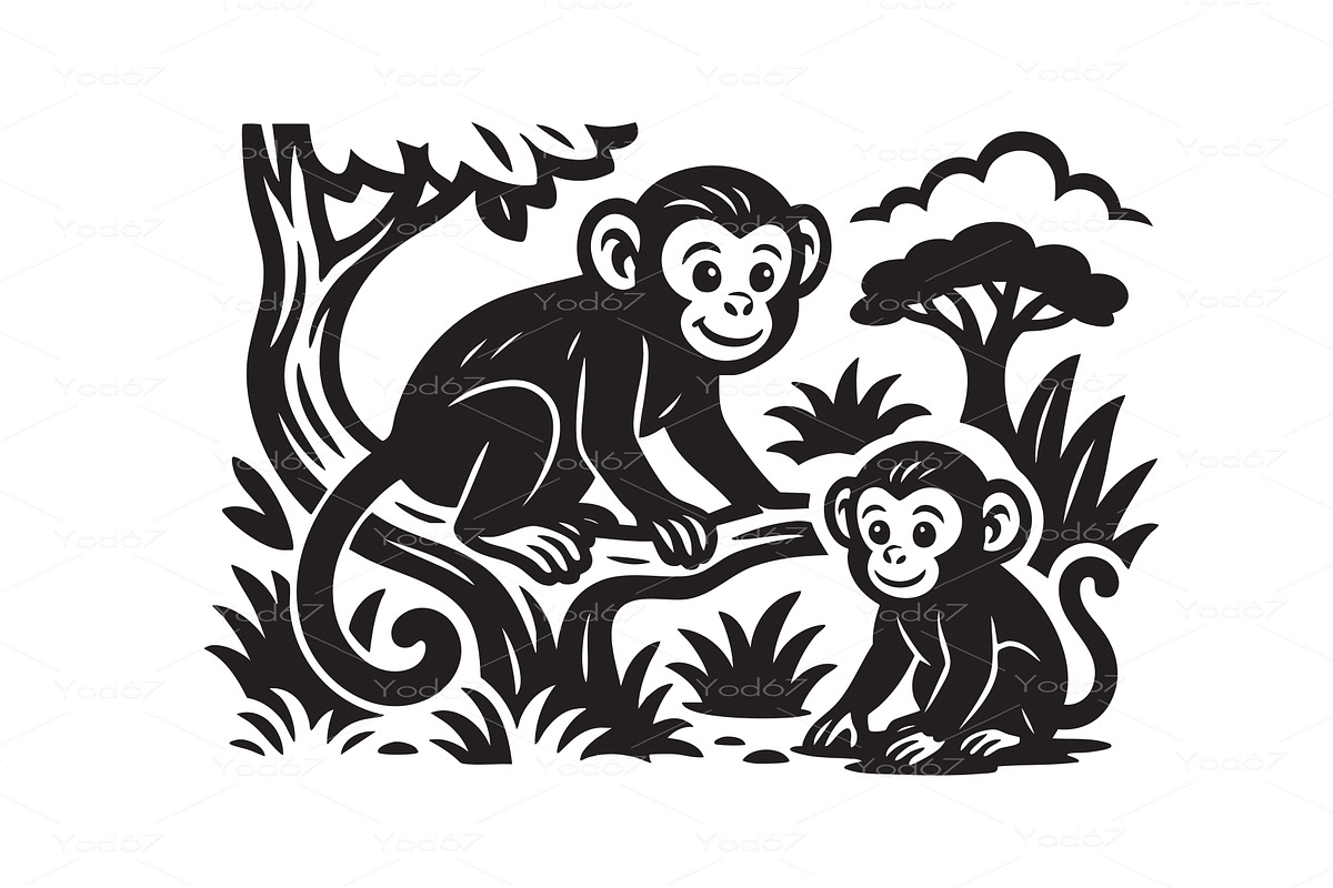 Vector of two monkeys in a jungle, an Animal Illustration by yod67