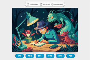 A woman in a hat writing in a dark f, a Graphic by SaroStock