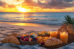 Delightful beach picnic spread, a Photo by Pavel_design