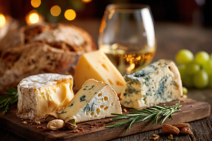 Cheese assortment featuring brie, cheddar, and blue served with wine and grapes, a Food & Drink Photo by AlyaAnd