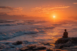 Serene Sunset Ocean View Man Silhoue, a Photo by Pixeness Studio