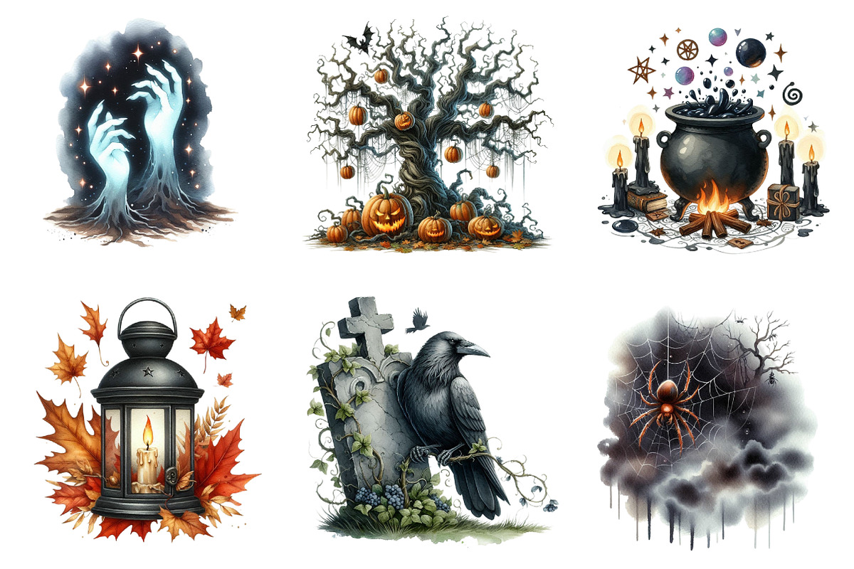 Watercolor Halloween Spooky Clipart, an Illustration by CreationArt (Photo 2 of 6)