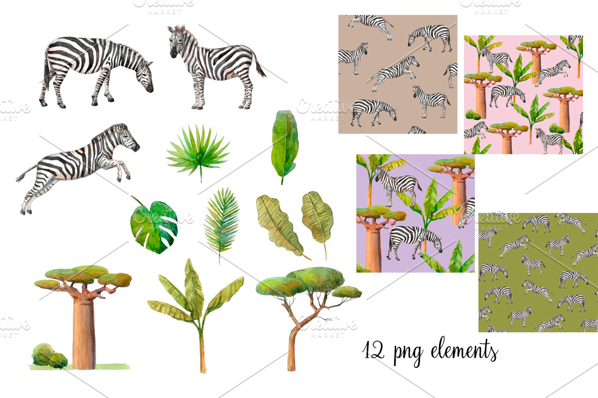 Watercolor zebras and plants., an Animal Illustration by yulia.sukhanova (Photo 2 of 3)