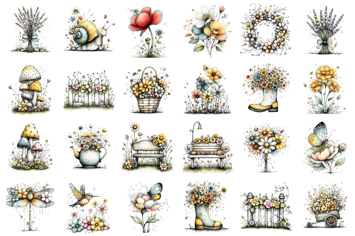 Whimsical Summer Garden Watercolor, an Illustration by designcity5 (Photo 2 of 5)