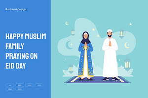 Happy Muslim Family Praying Eid Day, a Seasonal Illustration by Partikusi Design