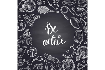 Vector hand drawn sports equipment contoured on chalkboard illustration, a Background Graphic by Onyx
