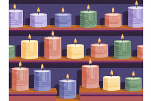 Colorful candles on shelves with, an Illustration by tilialucida
