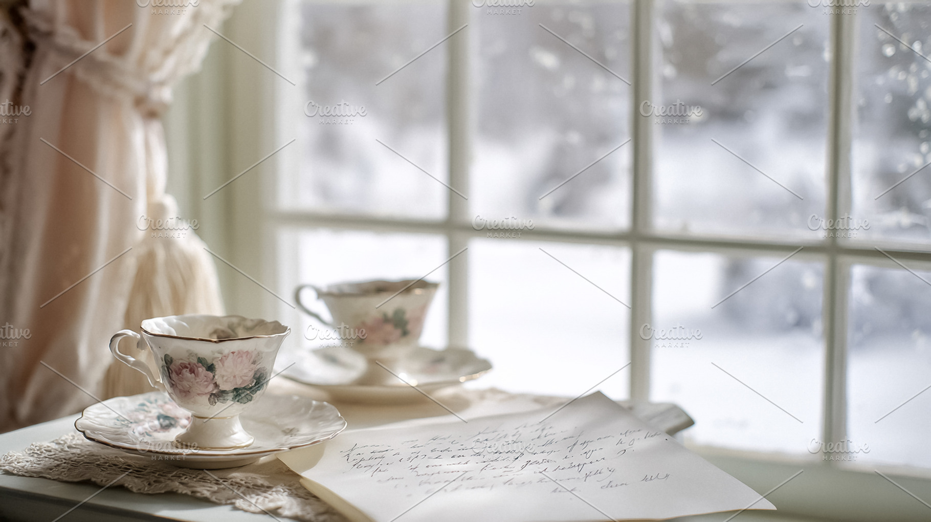 Vintage tea cups and an old handwritten letter by a winter windo, a Photo by Studio ANNA