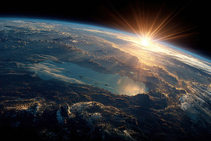Earth sunrise view from space majest, a Photo by Pixeness Studio