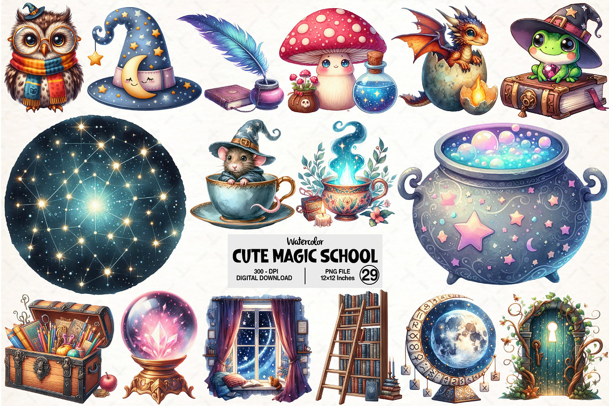 Cute Magic School Watercolor Clipart, an Illustration by Pixels.Craft (Photo 1 of 7)