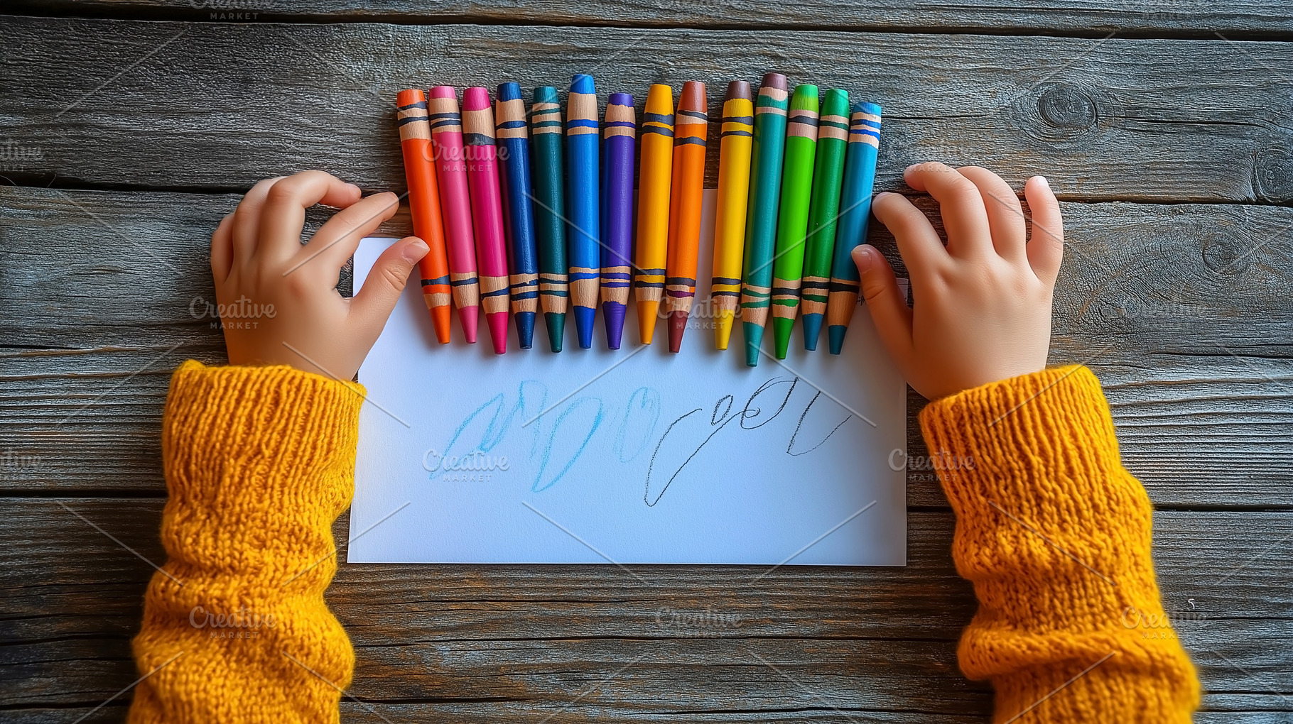 A child's hands, wearing a cozy yellow sweater, grasp colorful crayons over a b, a Person Photo by ImageMir